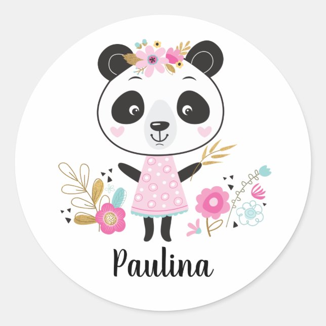 Pink Panda Personalised Adorable Girly Classic Round Sticker (Front)