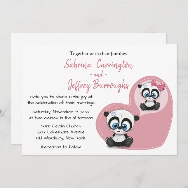 Pink Panda Teddy Bears Heart Cartoon Wedding Invitation (Front/Back)