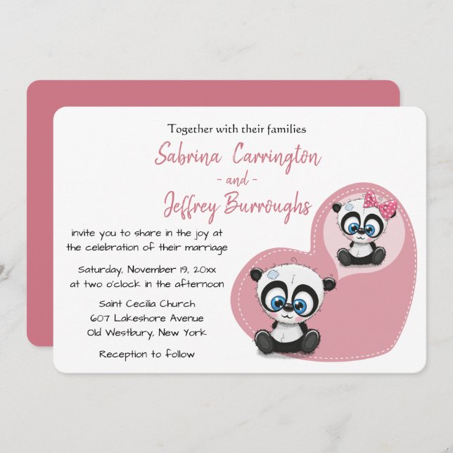 Pink Panda Teddy Bears Heart Cartoon Wedding Invitation (Front/Back)