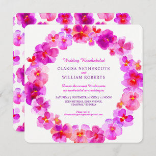 Pink pansies watercolor flower wedding rescheduled invitation