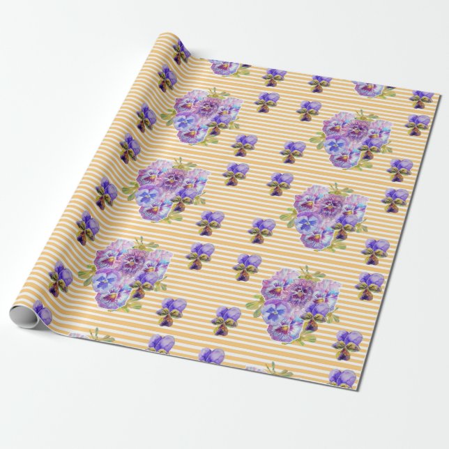Pink Pansy flowers floral art Watercolor Wrapping Paper (Unrolled)