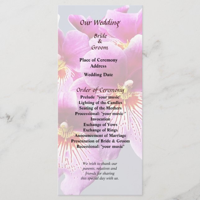 Pink Pansy Orchids Wedding Program (Front)
