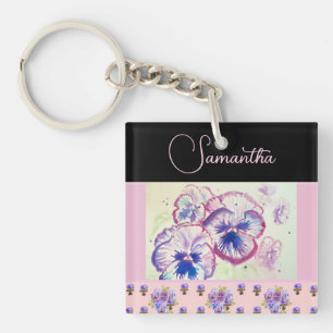 Pink Pansy Pansies Watercolor Flower Floral art Key Ring