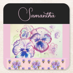 Pink Pansy Pansies Watercolor Flower Floral art Square Paper Coaster
