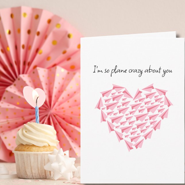 Pink Paper Aeroplane Heart Plane crazy about you Card (Creator Uploaded)
