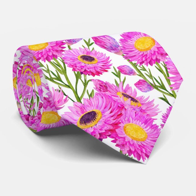 Pink Paper Daisies Floral Blooms Tie (Rolled)