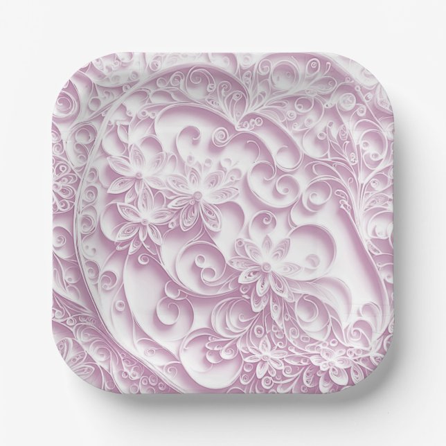 Pink Paper Quilling Daisy Design Paper Plate (Front)