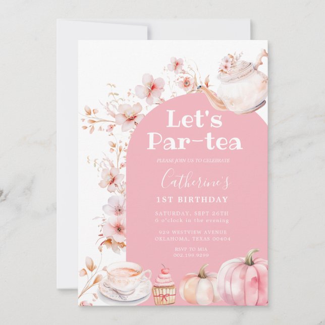  Pink Par-tea Birthday Tea Party Girl Pumpkin Invitation (Front)