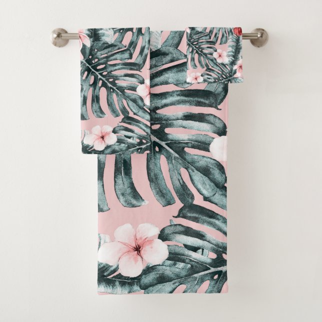 Pink Paradise Tropical Island Floral Botanical Bath Towel Set (Insitu)
