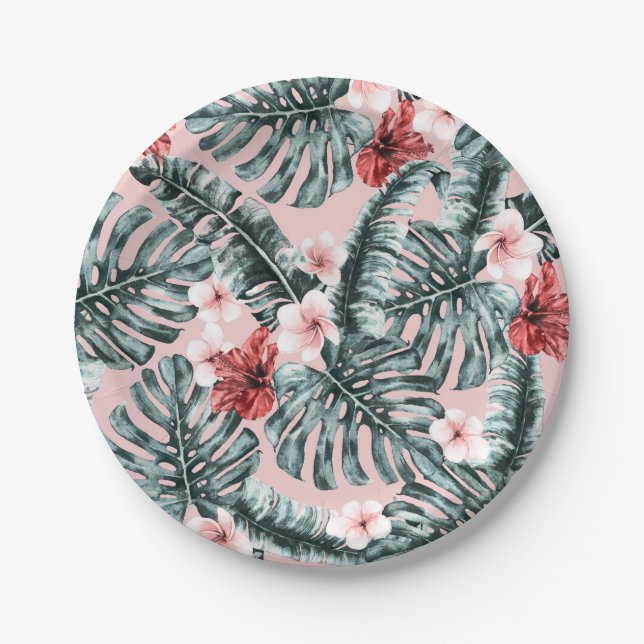 Pink Paradise Tropical Island Floral Botanical Paper Plate (Front)
