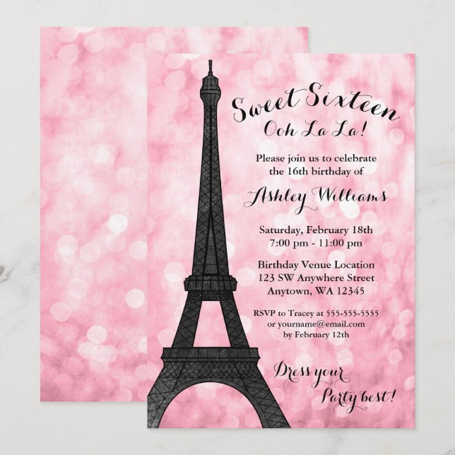 Pink Paris Bokeh Glitter Lights Sweet 16 Invitation (Front/Back)