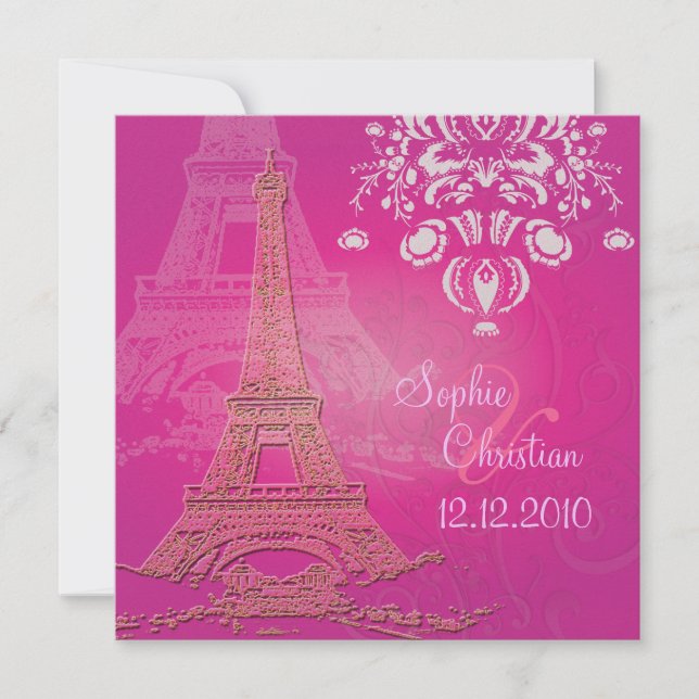 Pink Paris Eiffel + swirls  Wedding Invitations (Front)