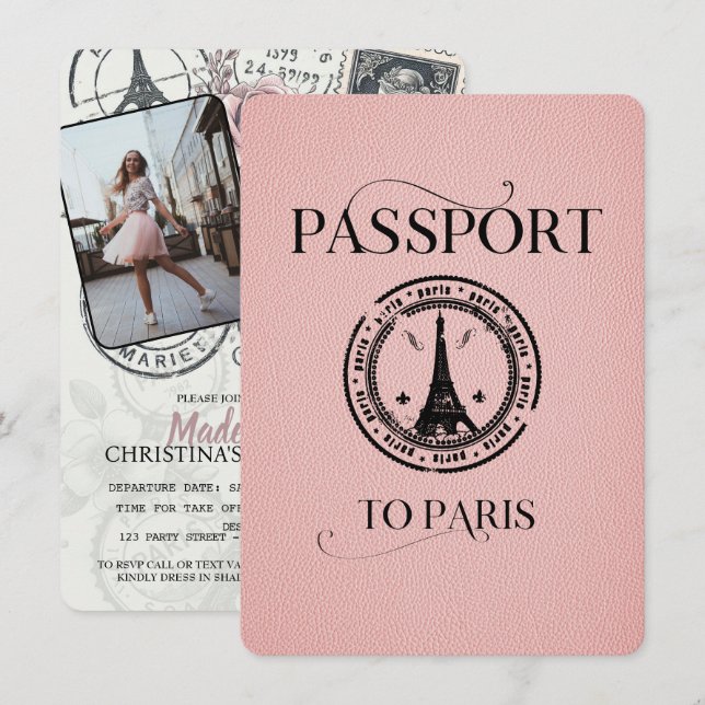 Pink Paris Passport Party Invite (Front/Back)