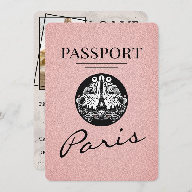Pink Paris Passport Save The Date (Front/Back)