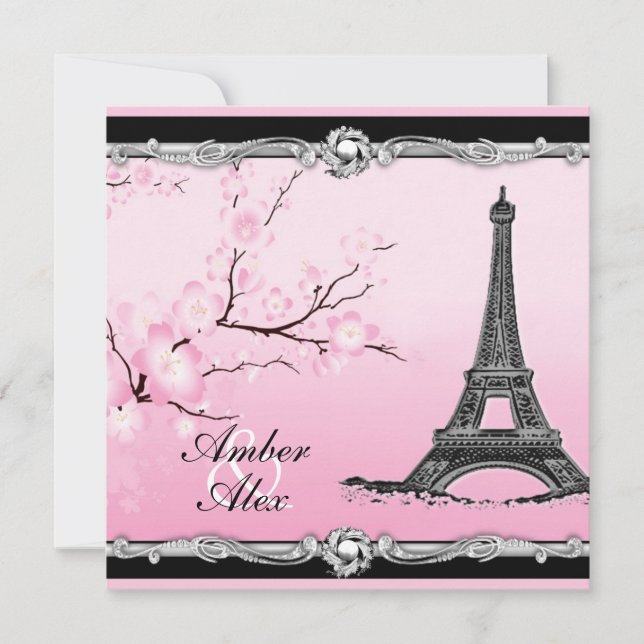 Pink Parisian Eiffel Tower Wedding Invitations (Front)