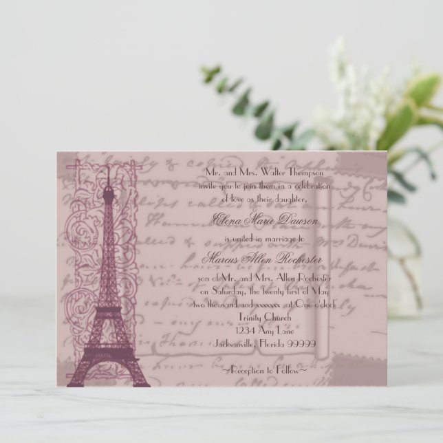 Pink Parisian Wedding Invitation (Standing Front)