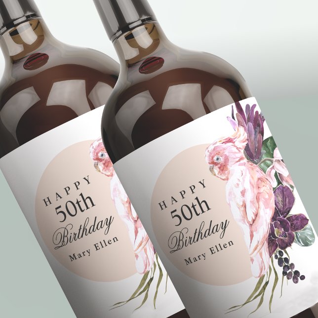 Pink Parrot Boho Tropical 50th Birthday Party Wine Label (Creator Uploaded)