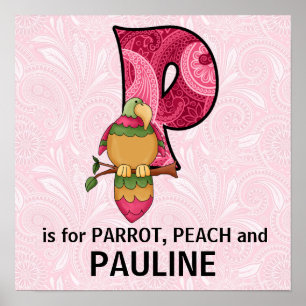 Pink Parrot Monogram Big Letter P Baby Room Poster