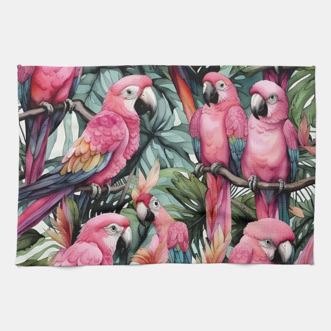 Pink Parrots Birds Art  Tea Towel (Horizontal)