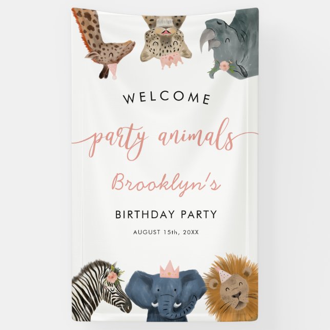 Pink Party Animals Safari Birthday Party Welcome Banner (Vertical)