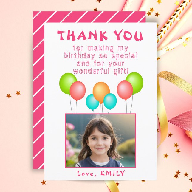 Pink Party Balloons Girl Birthday Photo  Thank You Card (Creator Uploaded)