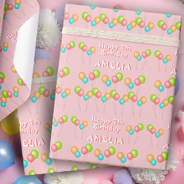 Pink Party Balloons Kid Happy Birthday Wrapping Paper (Creator Uploaded)