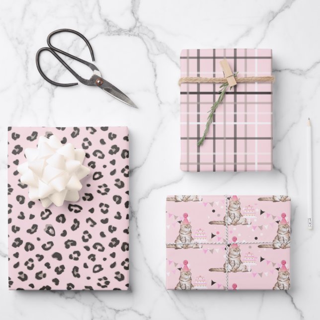 Pink Party Cat Birthday, Stripes and Plaids Wrapping Paper Sheet (Front)