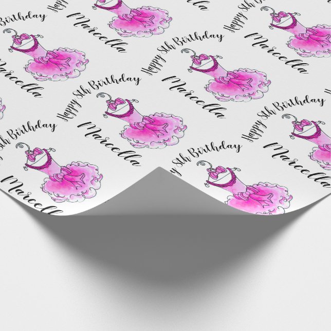 Pink party dress inked art girls 8th birthday wrapping paper (Corner)