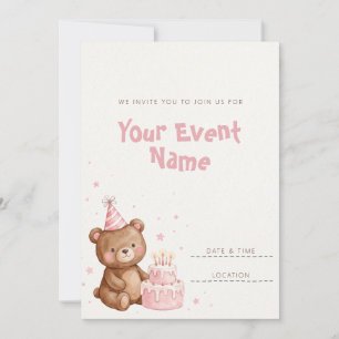 Pink Party Hat Teddy Bear Watercolor Invitation