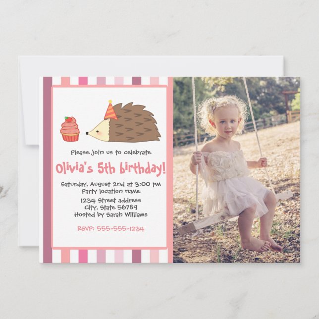 Pink Party Hedgehog and Cupcake Invitation (Front)