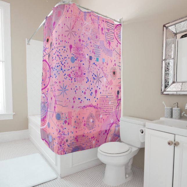 Pink Party Maximalist Art Shower Curtain (In Situ)
