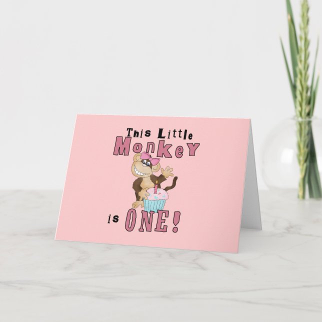 Pink Party  Monkey 1st Birthday Tshirts and Gifts Card (Front)