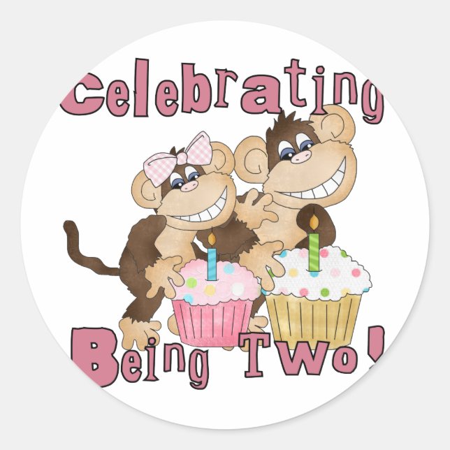 Pink Party Monkey 2nd Birthday Tshirts and Gifts Classic Round Sticker (Front)