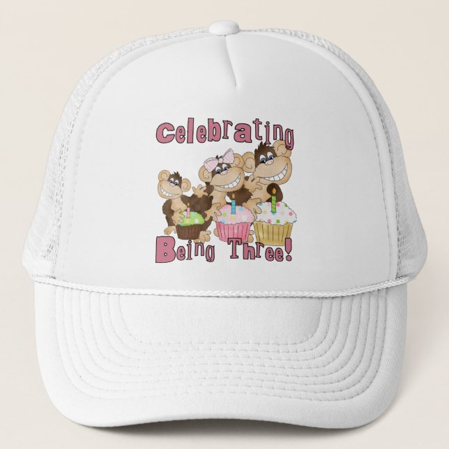 Pink Party Monkey 3rd Birthday Tshirts and Gifts Trucker Hat (Front)