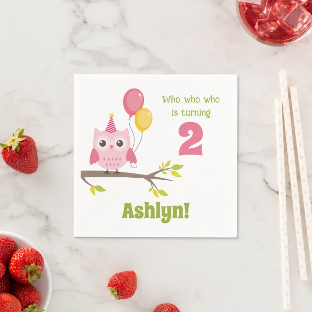 Pink Party Owl Who Is Turning 2 Second Birthday Napkin (Insitu)