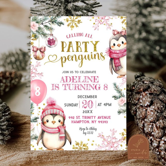 Pink Party Penguins Winter Birthday Invitation (Creator Uploaded)