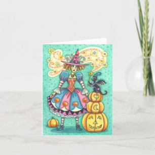 PINK PARTY WITCH, HALLOWEEN MAGIC BLACK CAT Blank Card