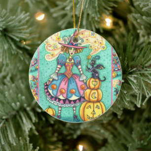 PINK PARTY WITCH IS HALLOWEEN MAGIC, BLACK CAT CERAMIC ORNAMENT