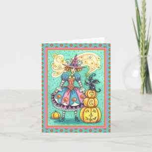 PINK PARTY WITCH IS HALLOWEEN MAGIC, BLACK CAT HOLIDAY CARD