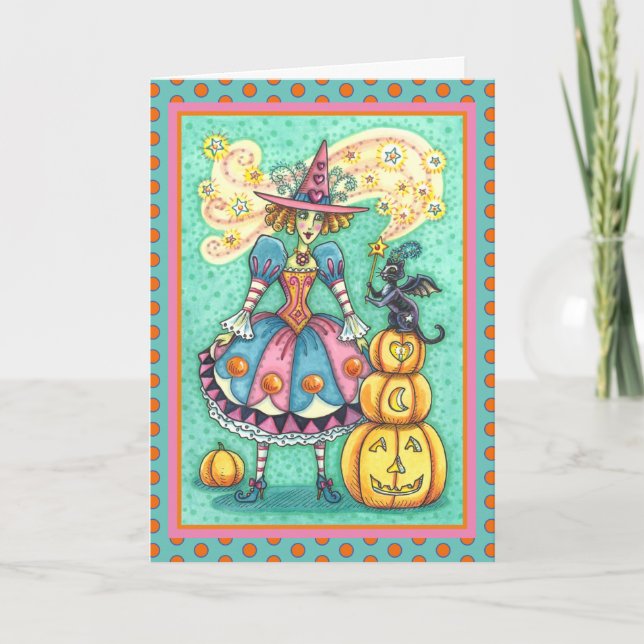 PINK PARTY WITCH IS HALLOWEEN MAGIC, BLACK CAT HOLIDAY CARD (Front)