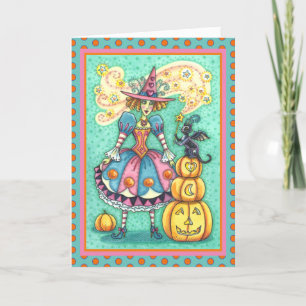 PINK PARTY WITCH IS HALLOWEEN MAGIC, BLACK CAT HOLIDAY CARD
