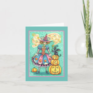 PINK PARTY WITCH IS HALLOWEEN MAGIC, BLACK CAT HOLIDAY CARD