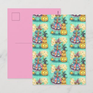 PINK PARTY WITCH IS HALLOWEEN MAGIC, BLACK CAT HOLIDAY POSTCARD