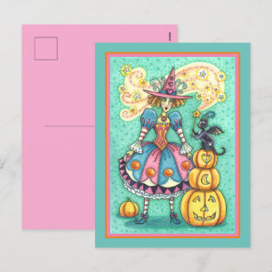 PINK PARTY WITCH IS HALLOWEEN MAGIC, BLACK CAT HOLIDAY POSTCARD