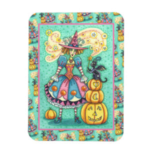 PINK PARTY WITCH IS HALLOWEEN MAGIC, BLACK CAT MAGNET