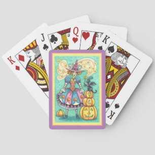 PINK PARTY WITCH IS HALLOWEEN MAGIC, BLACK CAT PLAYING CARDS