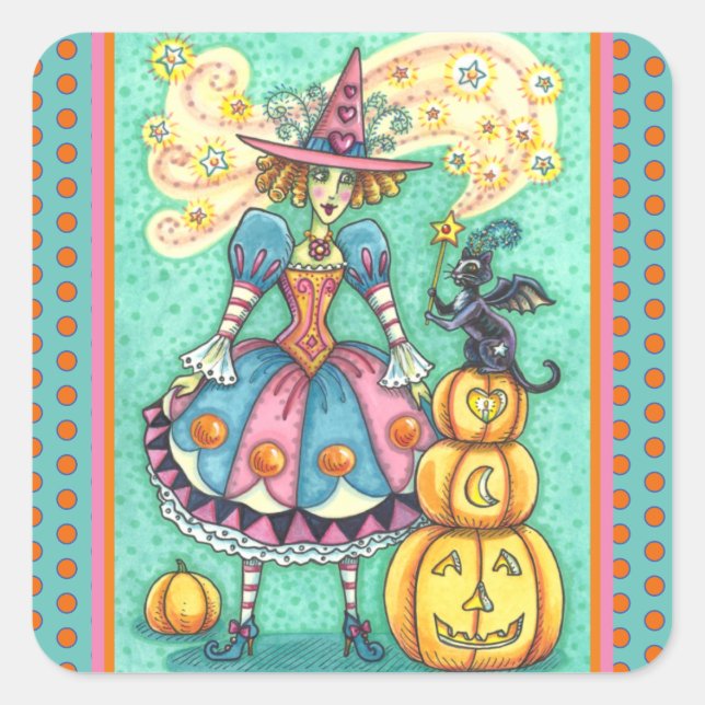 PINK PARTY WITCH IS HALLOWEEN MAGIC, BLACK CAT SQU SQUARE STICKER (Front)