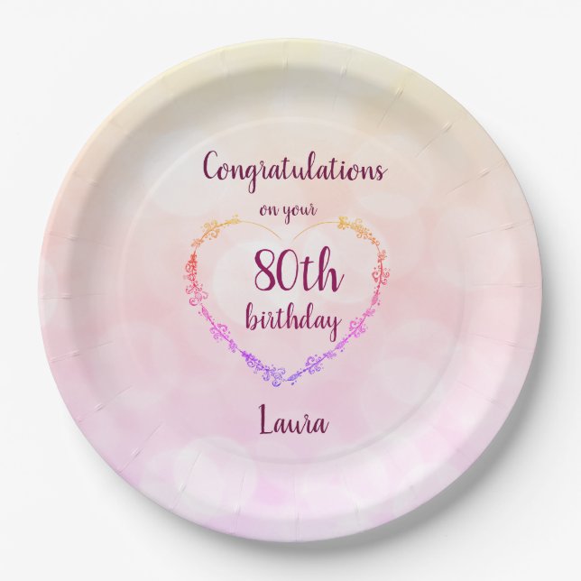 Pink pastel 80th birthday paper plate (Front)