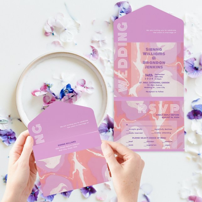 Pink Pastel Abstract Art Wedding All In One Invitation (opening/inside)