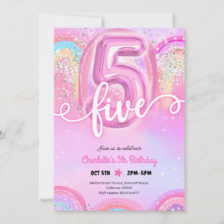 Pink Pastel Balloon 5th Birthday Invitation